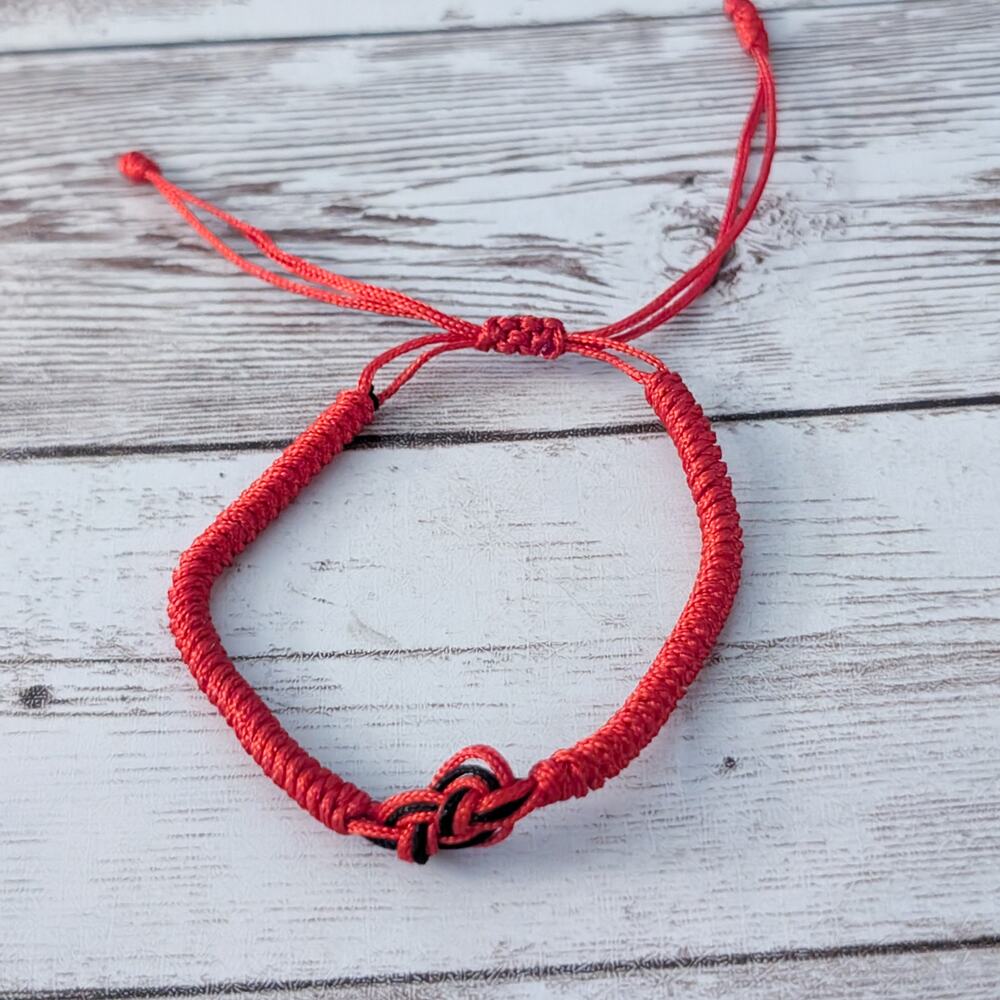 Adjustable Red Tie Bracelet with Red & Black Knot